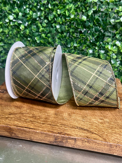 2.5 Inch By 10 Yard Green And Gold Christmas Plaid Ribbon