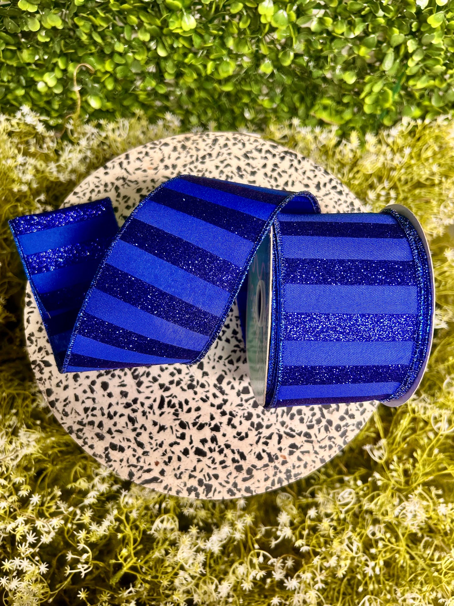 2.5 Inch By 10 Yard Royal Blue Horizontal Glitter Stripes Ribbon