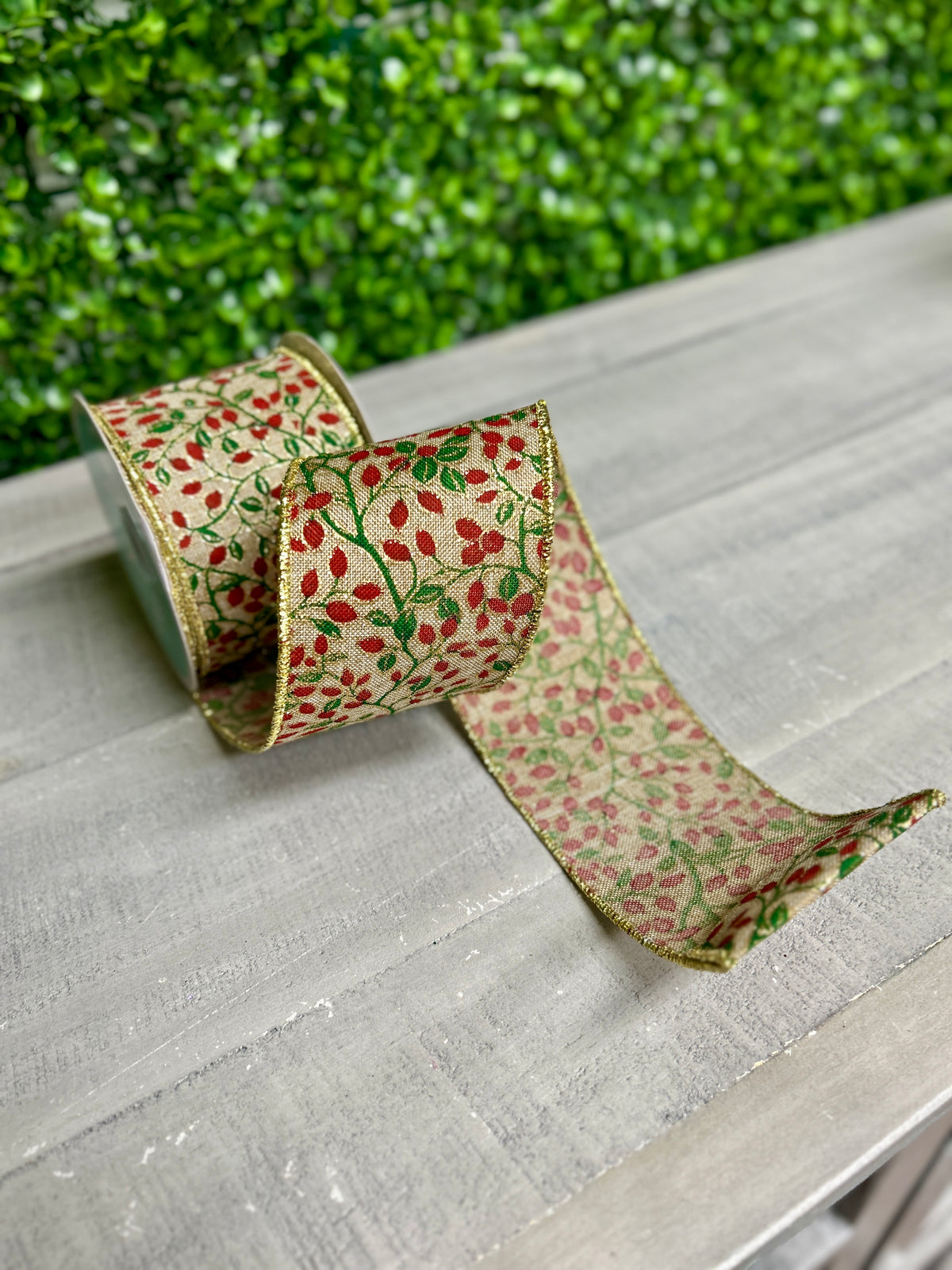 2.5 Inch By 10 Yard Beige Mini Berries And Vines On Royal Ribbon