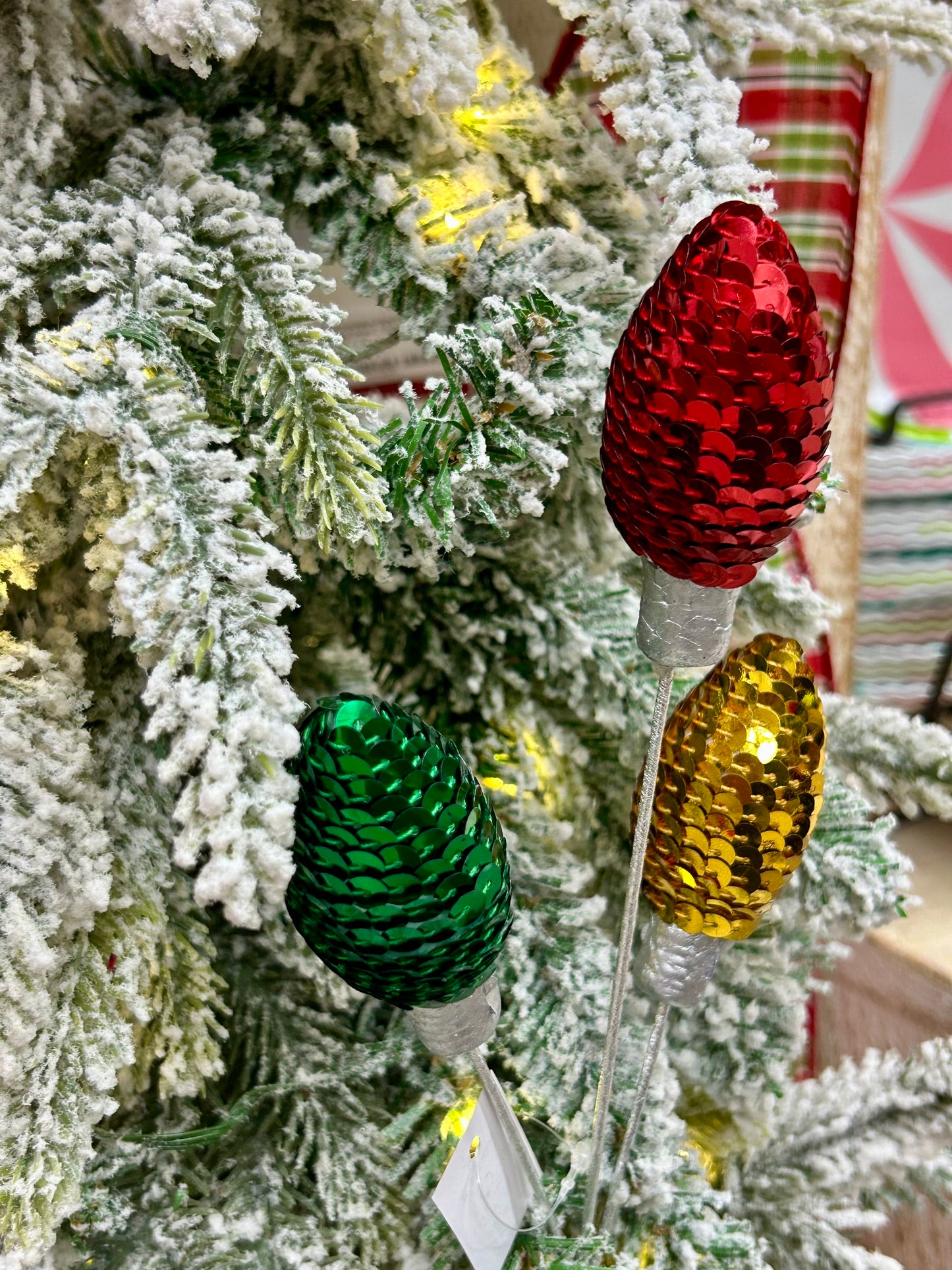 11 Inch Red Emerald Green And Gold Styrofoam Sequin Light Bulb Pick