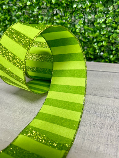 2.5 Inch By 10 Yard Lime Green Glitter Horizontal Stripe Ribbon