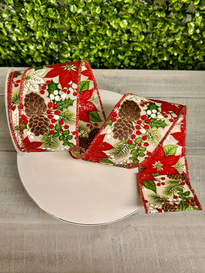 2.5 Inch By 10 Yard Poinsettia Foliage And Pinecones Ribbon