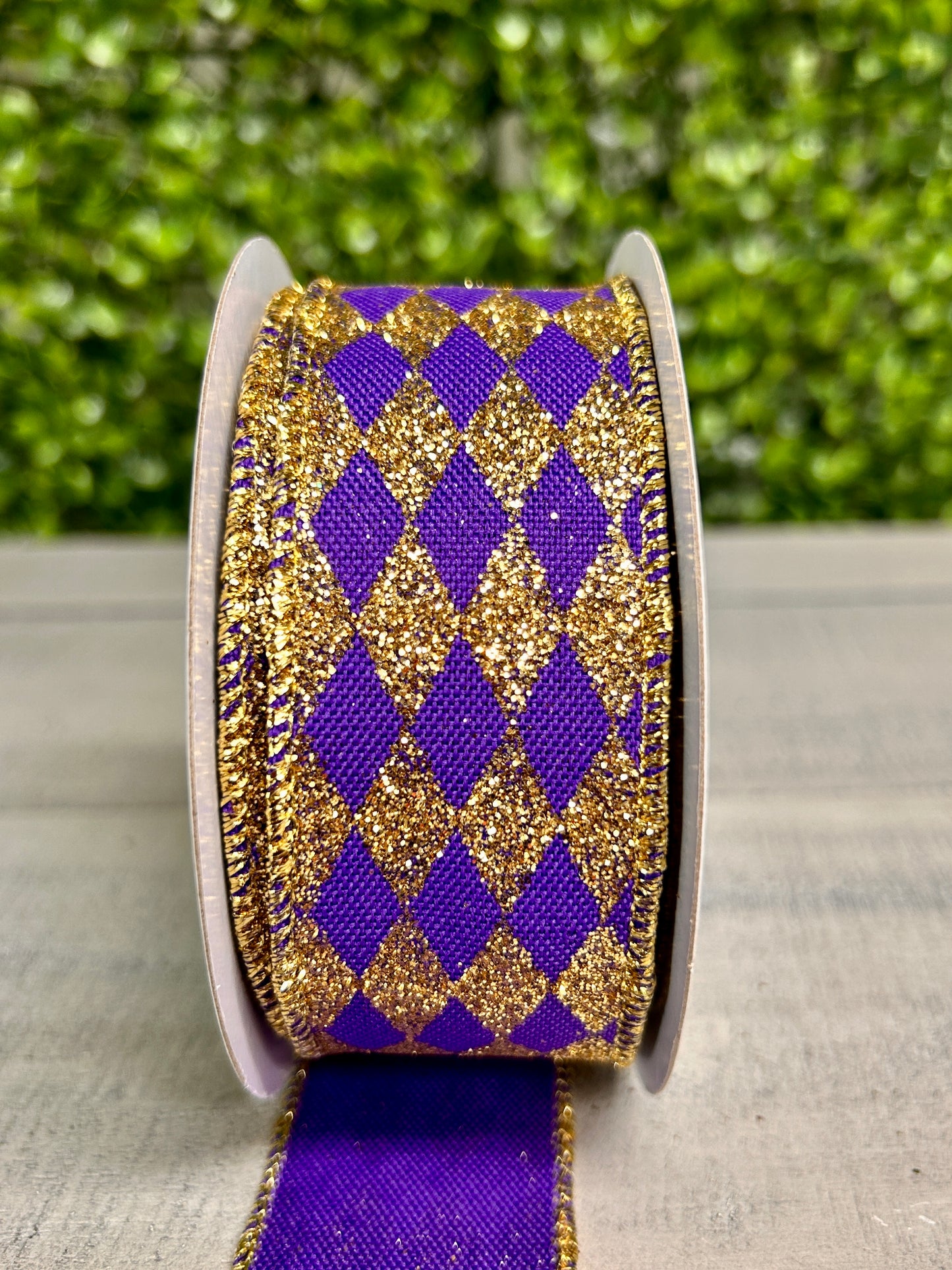 1.5 Inch By 10 Yard Purple And Gold Glitter Harlequin Ribbon
