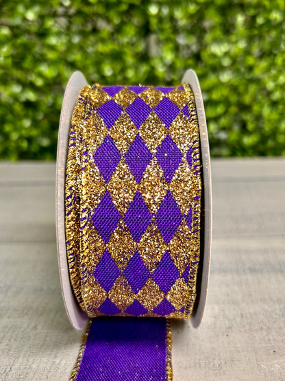1.5 Inch By 10 Yard Purple And Gold Glitter Harlequin Ribbon