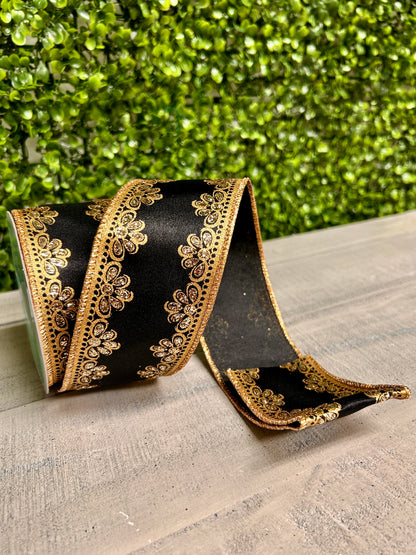 2.5 Inch By 10 Yard Black Gold And Champagne Lux Scallop Trim Ribbon