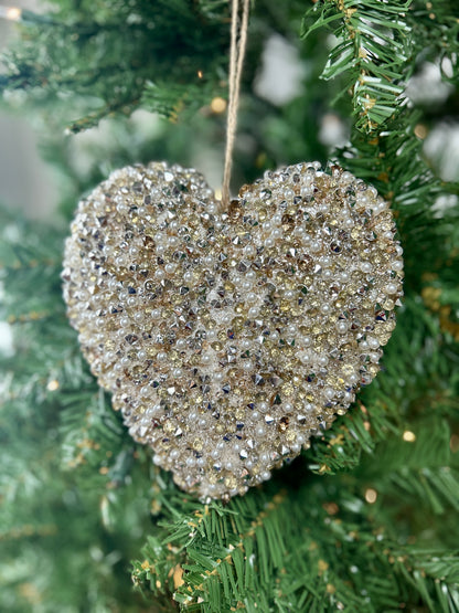 6 Inch Gold And White Beaded Heart Ornament
