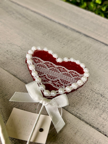 23 Inch Lace Pearl And Felt Heart Spray