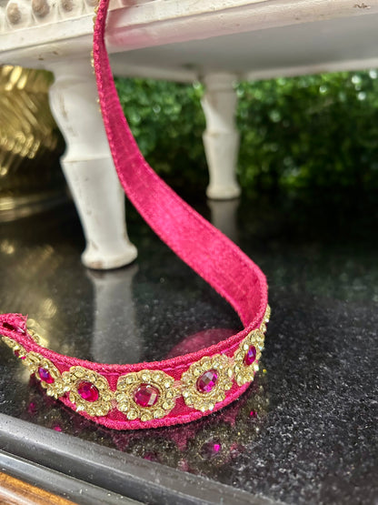 1 Inch By 5 Yards Hot Pink And Gold Jewel Floral Metallic Dupioni Ribbon