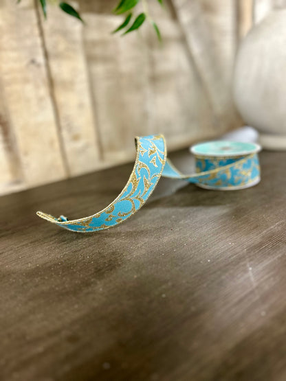 1.5 Inch By 10 Yard Smoke Blue And Gold Acanthus Leaf Ribbon