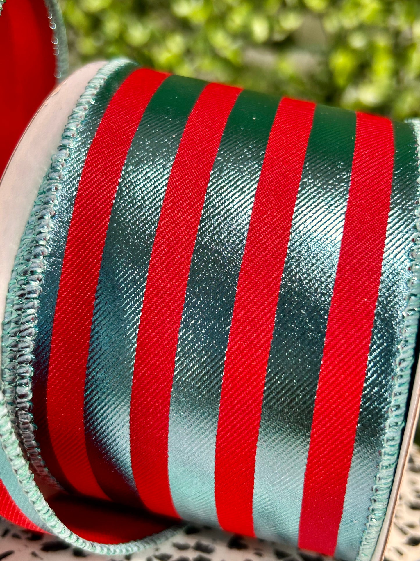 2.5 Inch By 10 Yard Red And Ice Blue Metallic Vertical Stripes Ribbon