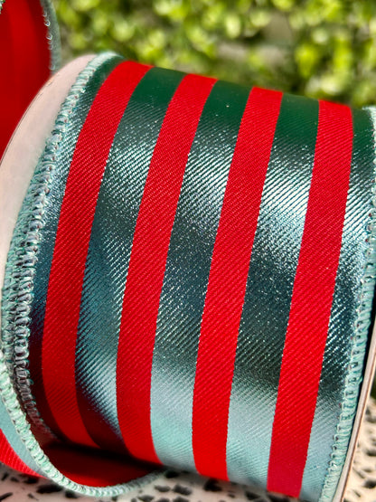 2.5 Inch By 10 Yard Red And Ice Blue Metallic Vertical Stripes Ribbon