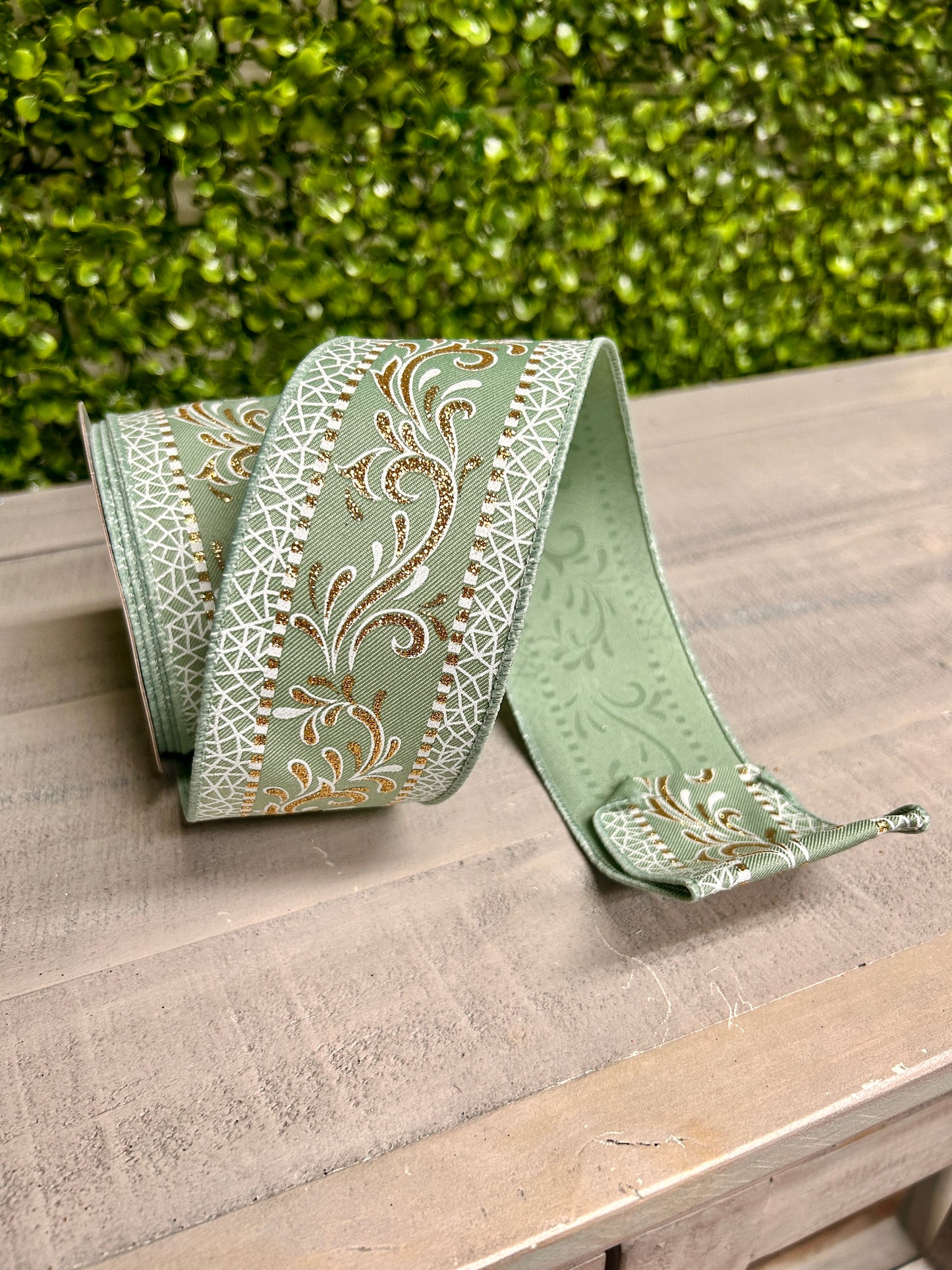 2.5 Inch By 10 Yard Sage Green White And Gold Swirls Ribbon