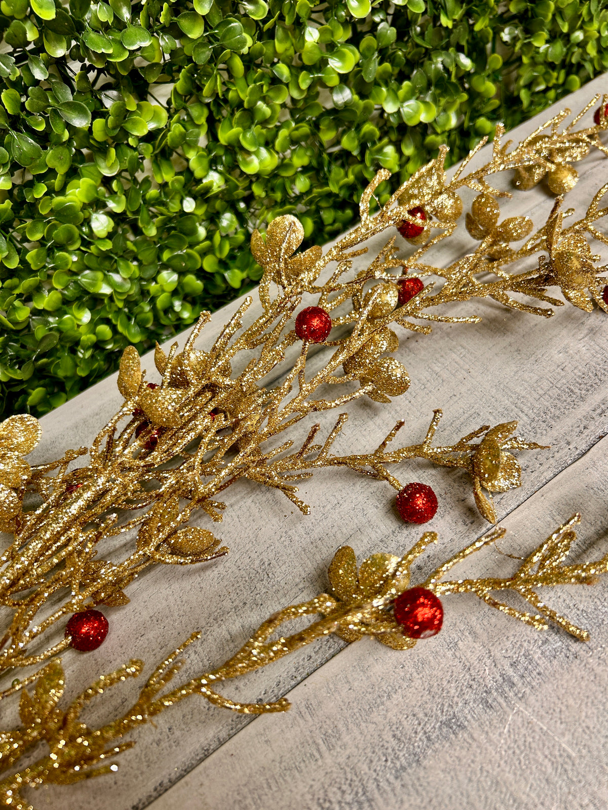 45 Inch Gold Glittered Wild Flower Spray With Red Glitter Berries