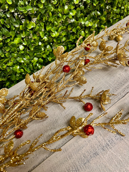 45 Inch Gold Glittered Wild Flower Spray With Red Glitter Berries