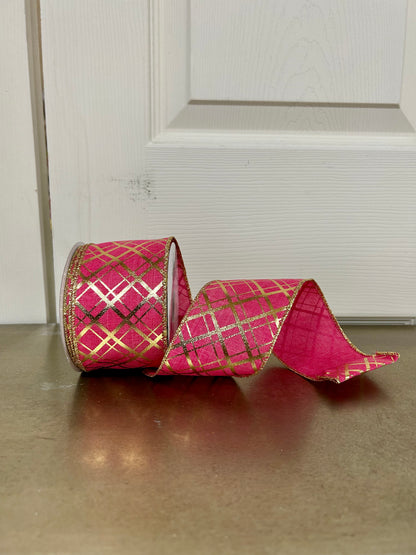 2.5 Inch By 10 Yard Hot Pink And Gold Metallic Thick And Thin Diagonal Plaid Ribbon