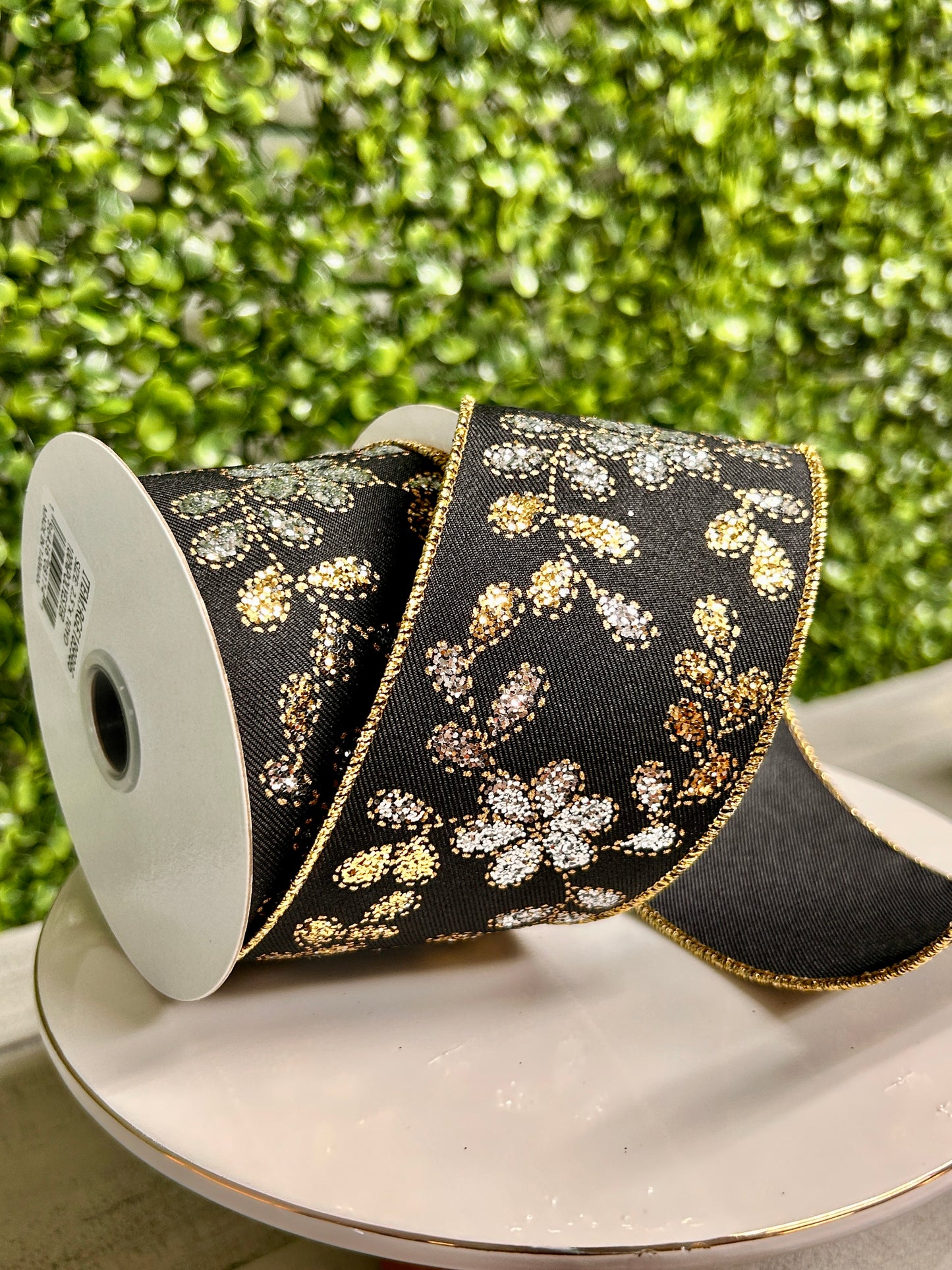 2.5 Inch By 10 Yard Gold Leaves With Silver Flowers Ribbon