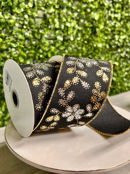 2.5 Inch By 10 Yard Gold Leaves With Silver Flowers Ribbon