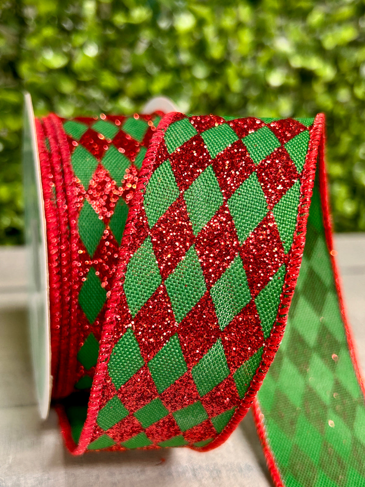 1.5 Inch By 10 Yard Emerald Green And Red Glitter Harlequin Ribbon