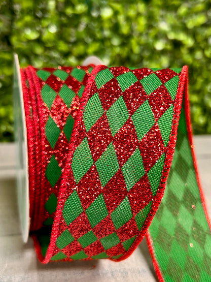 1.5 Inch By 10 Yard Emerald Green And Red Glitter Harlequin Ribbon