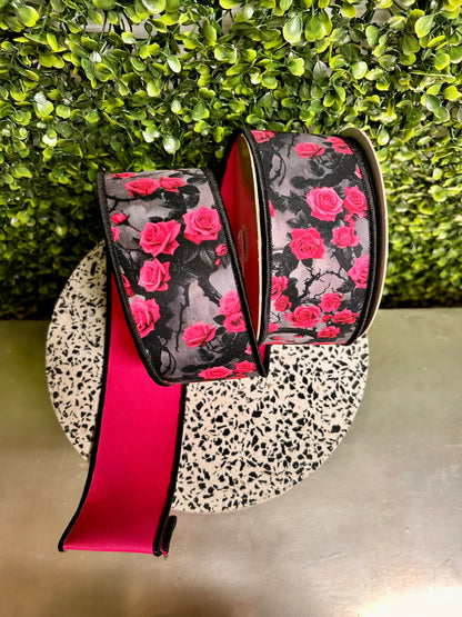 2.5 Inch By 10 Yard Hot Pink Grey And Black Roses And Vines Fused Ribbon