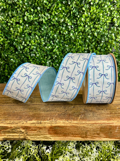 2.5 Inch By 10 Yard Blue Bows On White Dupioni Ribbon