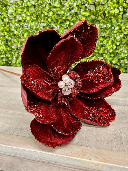 22 Inch Burgundy Glitter Sequin And Bead Magnolia Stem