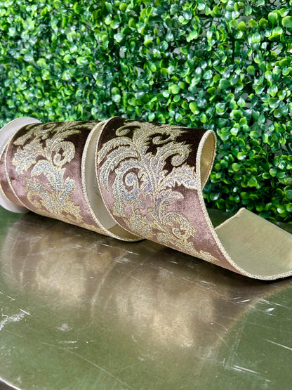 4 Inch By 5 Yard Brown And Champagne Shimmer Velvet Filagree Scroll Leaf Wired Ribbon