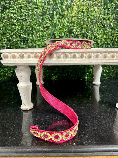 1 Inch By 5 Yards Hot Pink And Gold Jewel Floral Metallic Dupioni Ribbon