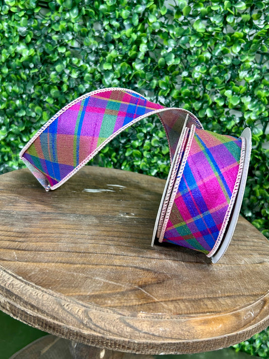 1.5 Inch By 5 Yard Magenta Plaid Diagonal Dupioni Deluxe Wired Edge Ribbon