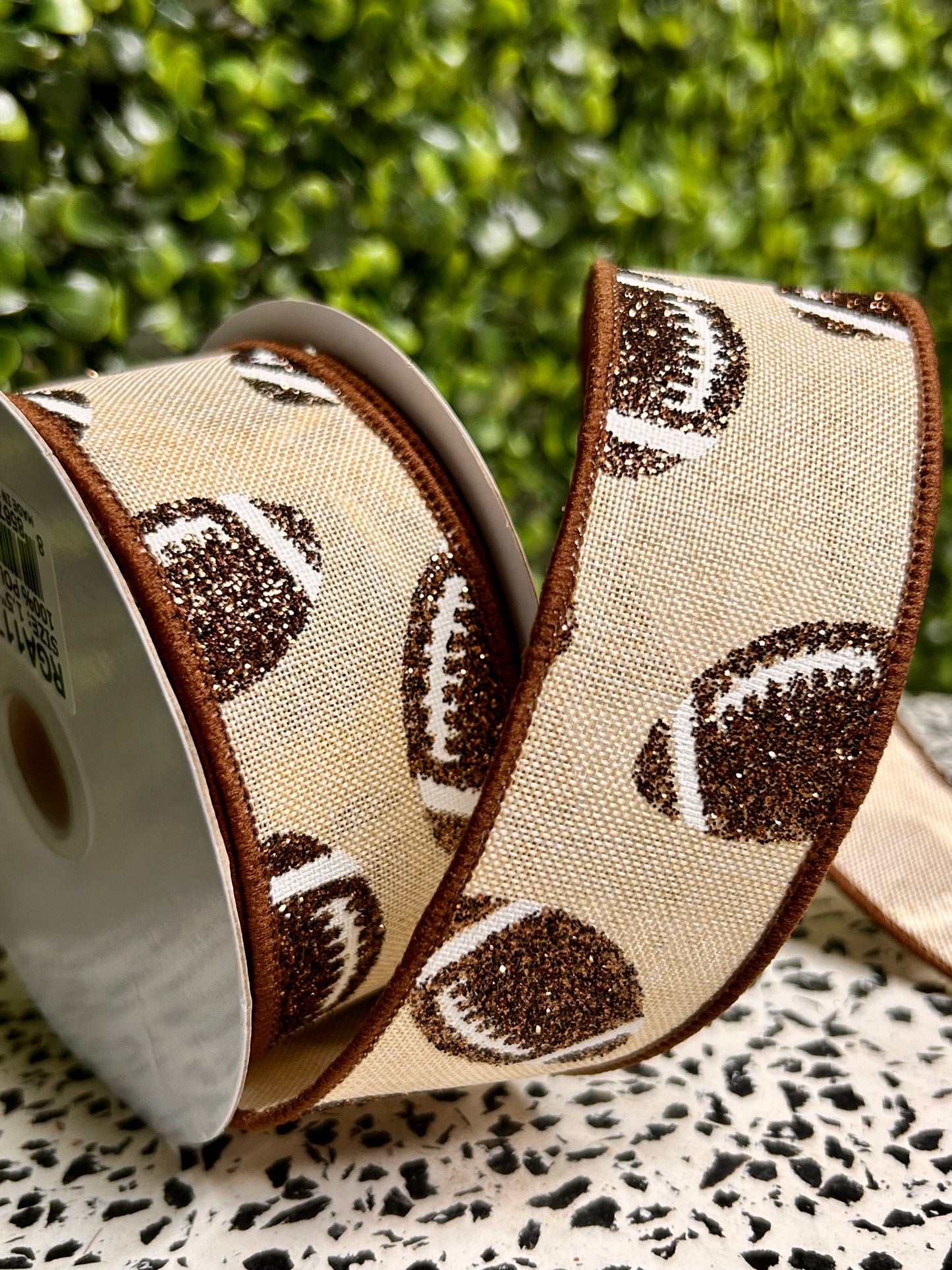 1.5 Inch By 10 Yard Cream White And Chocolate Glitter Football On Royal Ribbon