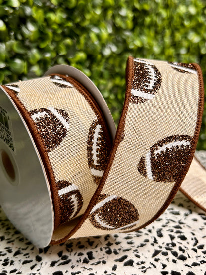 1.5 Inch By 10 Yard Cream White And Chocolate Glitter Football On Royal Ribbon