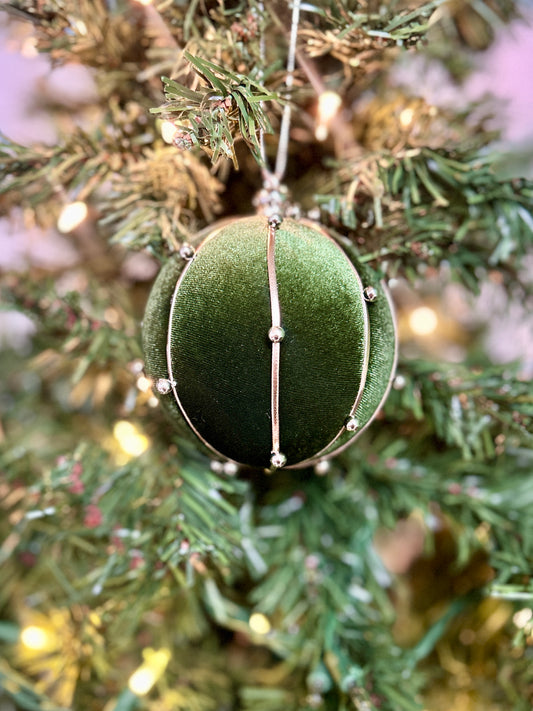 4 Inch Hunter Green Beaded Velvet Ball Ornament
