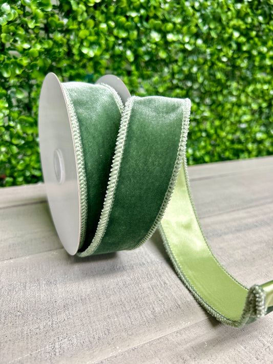 1.5 Inch By 10 Yard Sage Green Deluxe Velvet With Satin Backing Ribbon