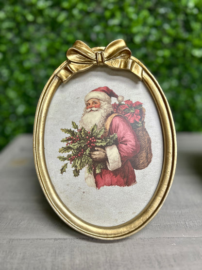 7.88 Inch Resin And Wood Oval Santa Plaque With Bow And Easel Two Styles