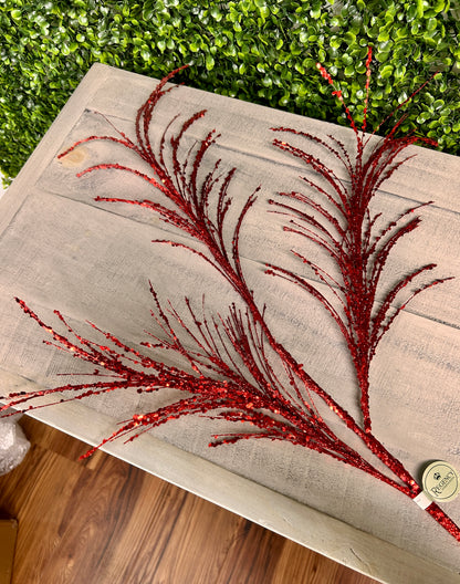 34 Inch Red Glitter Sequin Pampas Grass Spray