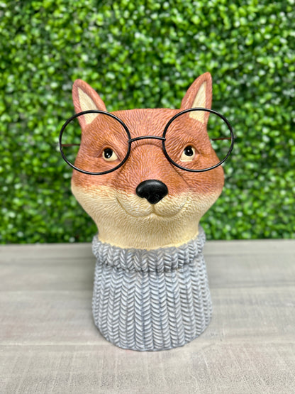 12 Inch Fox With Glasses Ceramic Tabletop Planter Or Vase