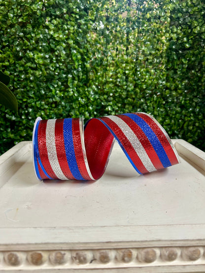 2.5 Inch By 10 Yard Red Blue And Silver Glitter Stripes Ribbon
