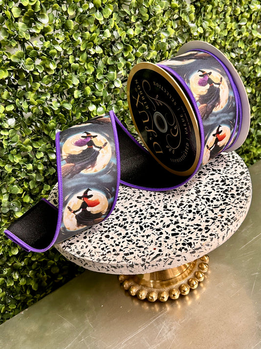 2.5 Inch By 10 Yard Black And Orange Witches Flying By Moon Fused Ribbon