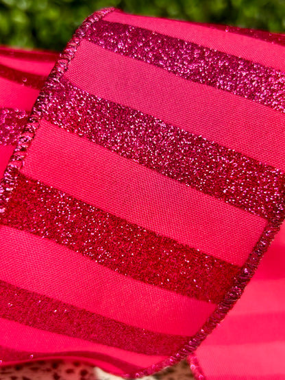 2.5 Inch By 10 Yard Hot Pink Horizontal Glitter Stripes Ribbon