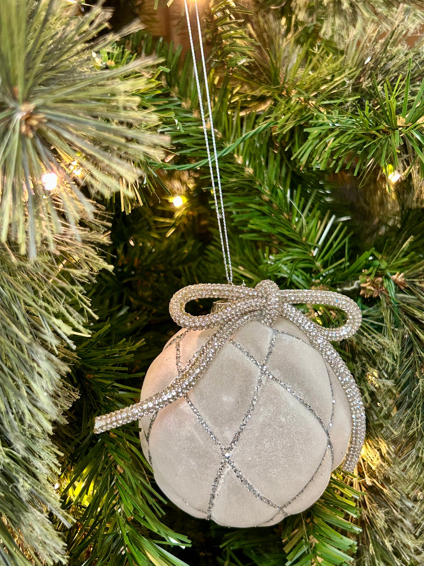 4 Inch White And Silver Glass Flocked Ball Ornament
