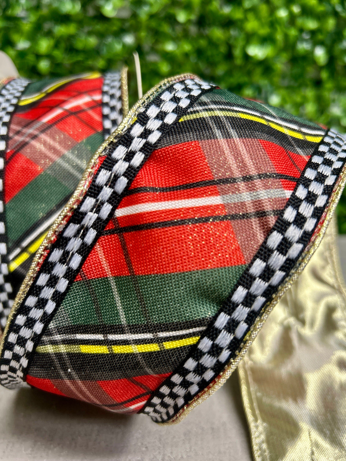 David Christopher's 2.5 Inch By 10 Yard Woven Plaid Check Ribbon With Gold Backing Ribbon