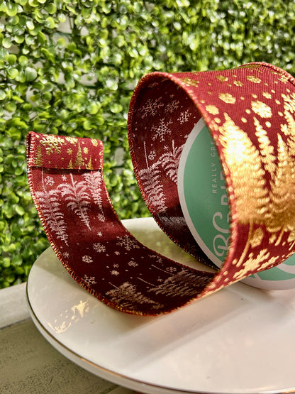2.5 Inch By 10 Yard Burgundy And Gold Pine Trees And Snowflakes Ribbon