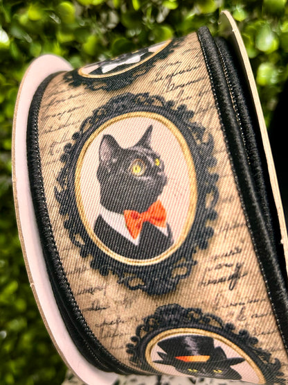 2.5 Inch By 10 Yard Black And Grey Vintage Black Cat Fused Ribbon