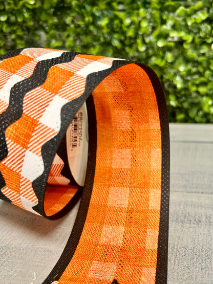 2.5 Inch By 10 Yard Orange Black And White Royal Burlap Ric Rac On Plaid Ribbon