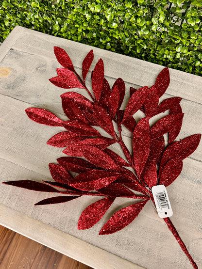 23 Inch Burgundy Glitter Bay Leaf Spray