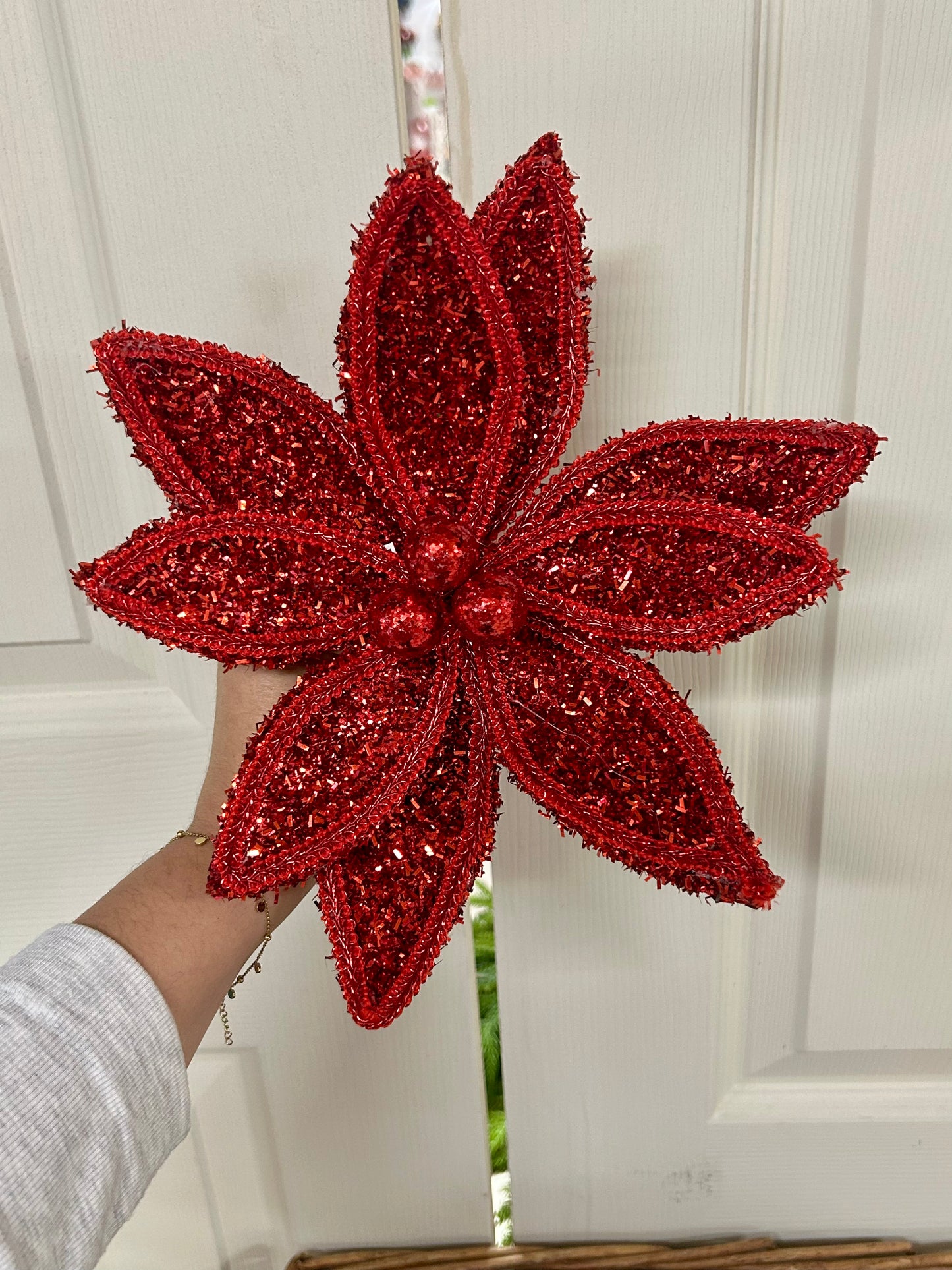14 Inch Red Glitter And Lace Edge Poinsettia Pick