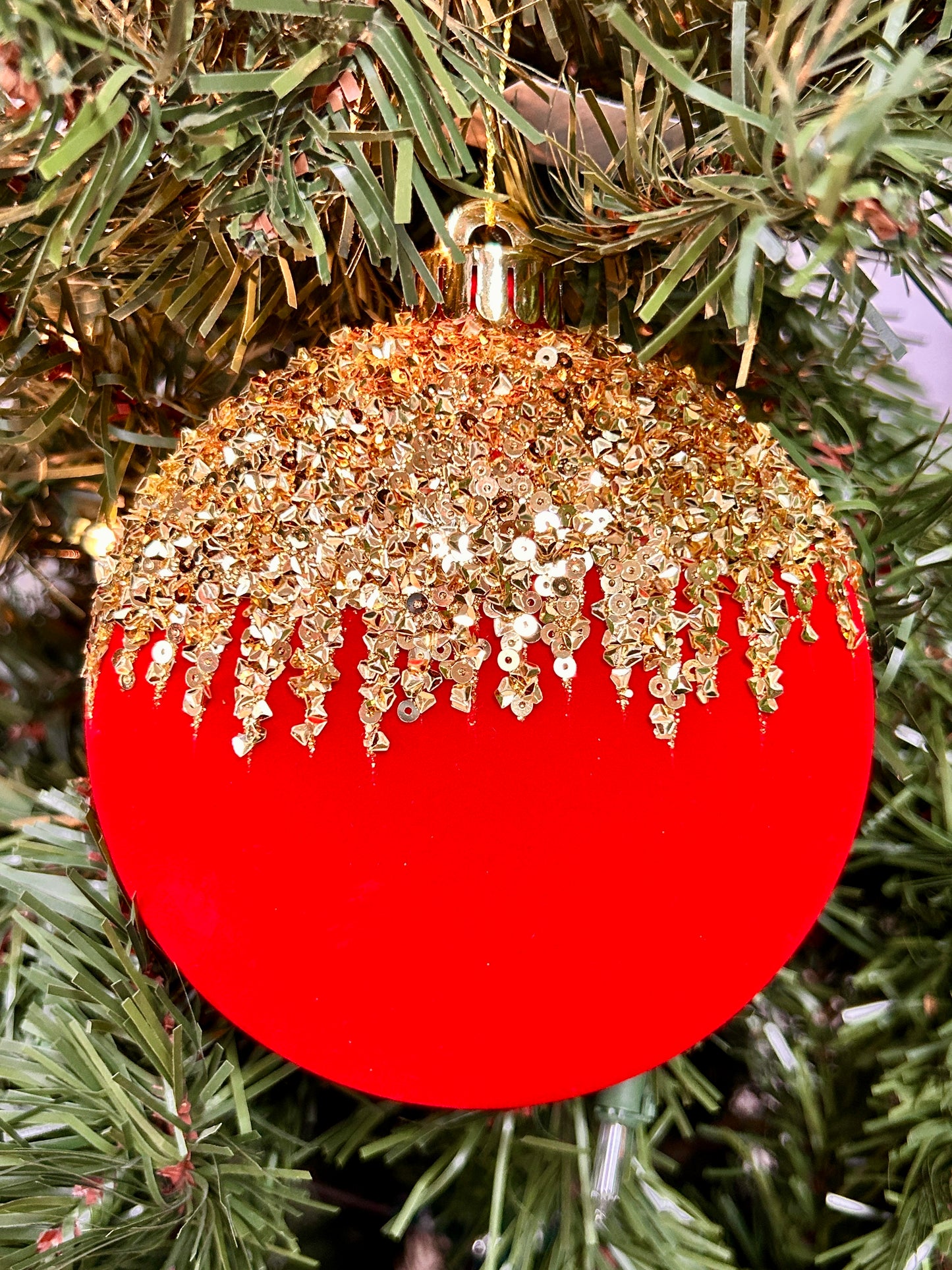 4.75 Inch Red And Gold Flocked Sequin 2D Ball Ornament