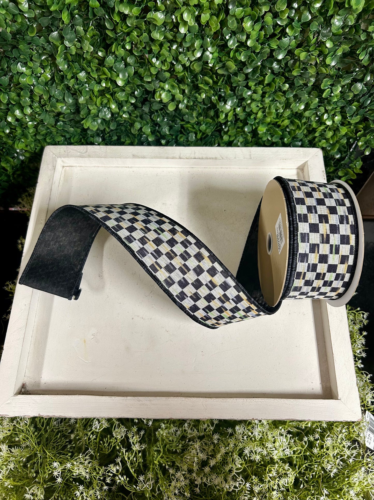 2.5 Inch By 10 Yard Beige And Black Mini Antique Checkerboard Ribbon