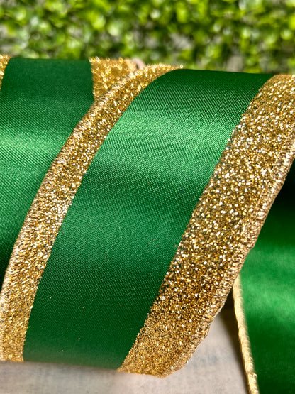 2.5 Inch By 10 Yard Emerald And Gold Vertical Glitter Stripe Sewn Ribbon