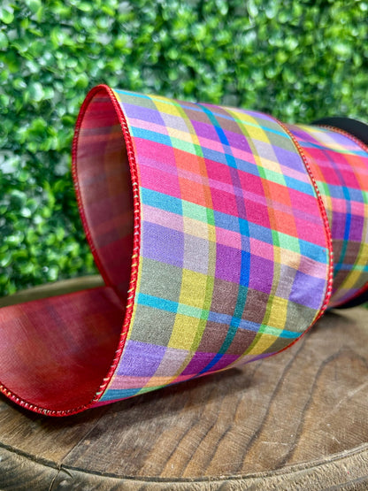 4 Inch By 10 Yards Strawberry Plaid Deluxe Mesh Backed Wired Edge